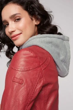 Damen CAMP DAVID & SOCCX Lederjacke im Biker-Stil mit Kapuzeneinsatz