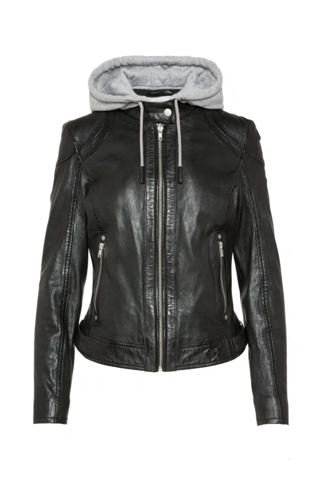 Damen CAMP DAVID & SOCCX Lederjacke im Biker-Stil mit Kapuzeneinsatz