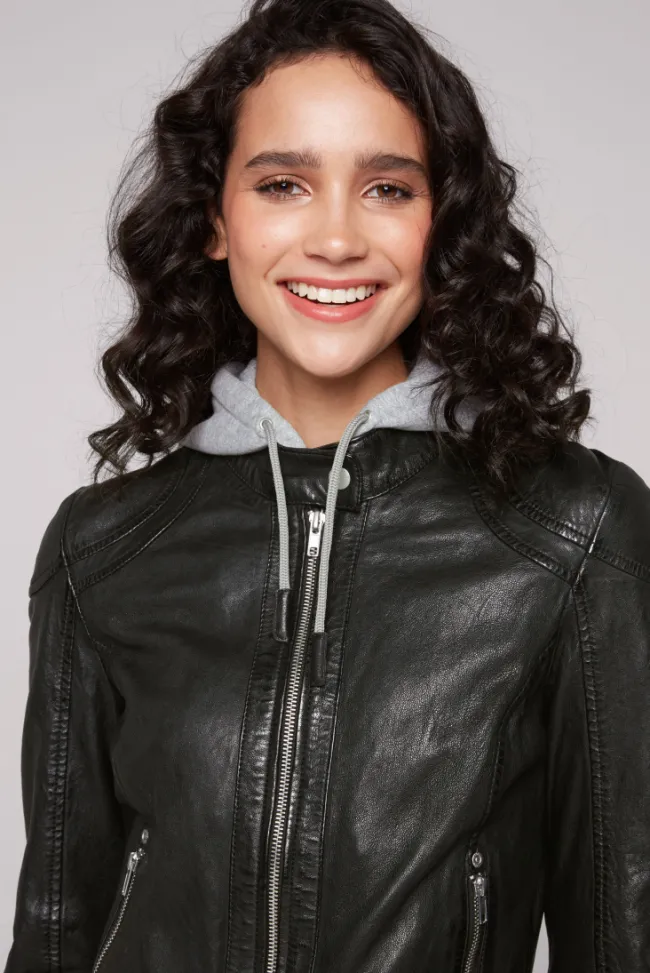 Damen CAMP DAVID & SOCCX Lederjacke im Biker-Stil mit Kapuzeneinsatz