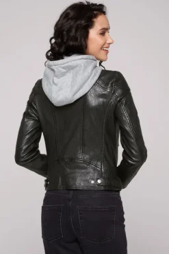 Damen CAMP DAVID & SOCCX Lederjacke im Biker-Stil mit Kapuzeneinsatz