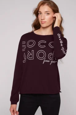 Damen CAMP DAVID & SOCCX Longsleeve mit Logo Prints und verstellbaren Elastiksaum deep plum