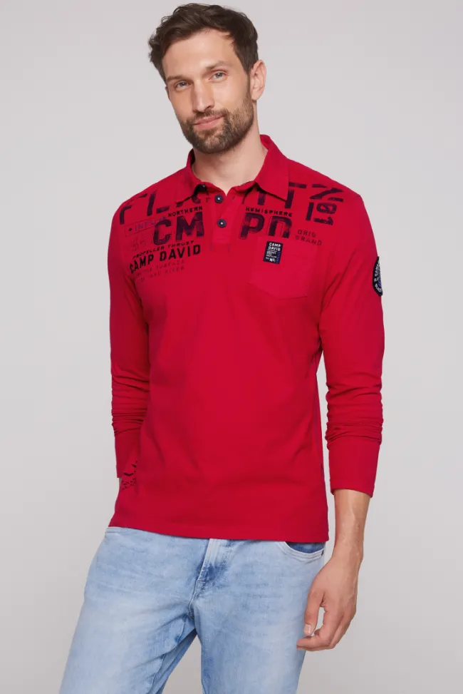 Herren CAMP DAVID & SOCCX Longsleeve mit Polokragen und Artworks flight red
