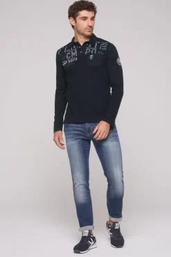 Herren CAMP DAVID & SOCCX Longsleeve mit Polokragen und Artworks blue navy