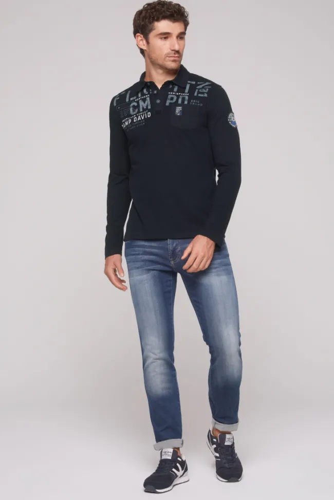Herren CAMP DAVID & SOCCX Longsleeve mit Polokragen und Artworks blue navy