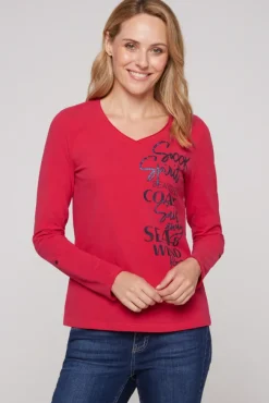 Damen CAMP DAVID & SOCCX Longsleeve mit V-Ausschnitt und Glitter-Puff-Prints clear red