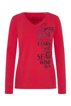 Damen CAMP DAVID & SOCCX Longsleeve mit V-Ausschnitt und Glitter-Puff-Prints clear red