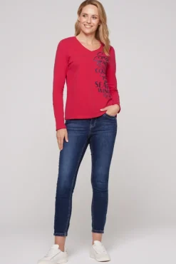 Damen CAMP DAVID & SOCCX Longsleeve mit V-Ausschnitt und Glitter-Puff-Prints clear red