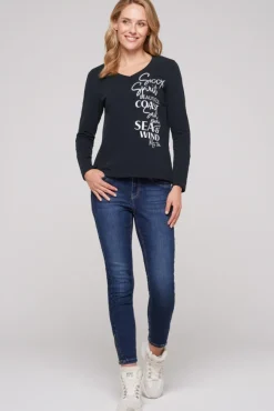 Damen CAMP DAVID & SOCCX Longsleeve mit V-Ausschnitt und Glitter-Puff-Prints blue navy