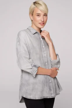 Damen CAMP DAVID & SOCCX Oversized Denim-Bluse mit Print light grey bleached