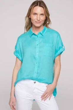Damen CAMP DAVID & SOCCX Oversized Leinenbluse mit Logostickerei lagoon blue