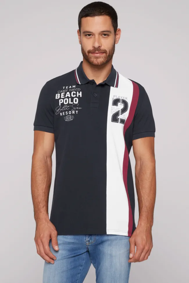 Herren CAMP DAVID & SOCCX Pikee-Polo mit Color-Blocking und Artwork blue navy