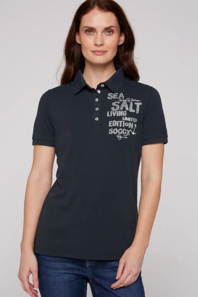 Damen CAMP DAVID & SOCCX Poloshirt aus Pikee mit Glitter Print classic navy