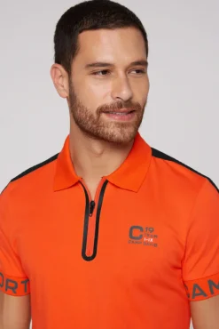 Herren CAMP DAVID & SOCCX Poloshirt mit Zipper und kontrastvollen Prints signal orange