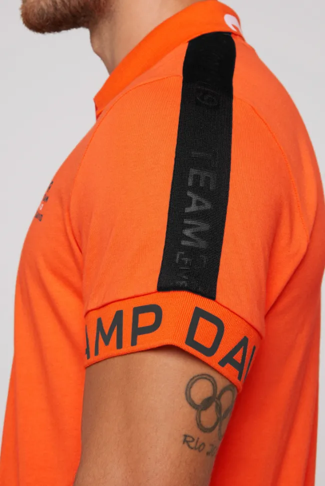 Herren CAMP DAVID & SOCCX Poloshirt mit Zipper und kontrastvollen Prints signal orange