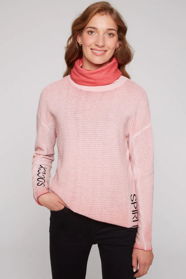 Damen CAMP DAVID & SOCCX Pullover Oil Dyed mit Rollkragen und Intarsia-Logo pure coral