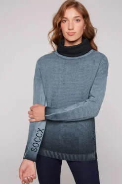 Damen CAMP DAVID & SOCCX Pullover Oil Dyed mit Rollkragen und Intarsia-Logo blue navy