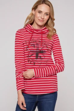 Damen CAMP DAVID & SOCCX Ringelshirt mit hohem Kragen und Rubber-Artwork clear red