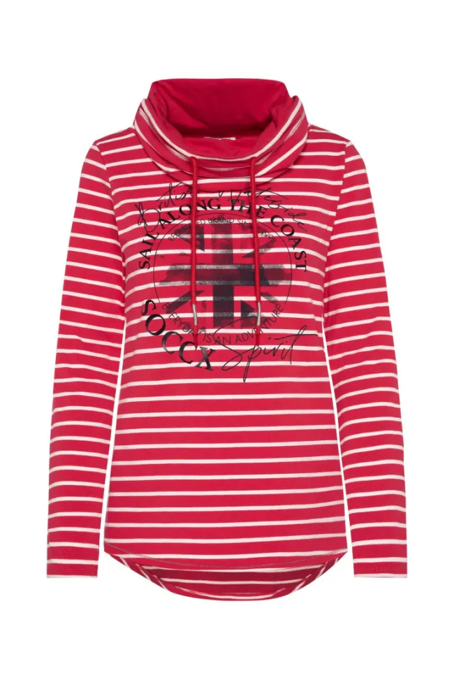 Damen CAMP DAVID & SOCCX Ringelshirt mit hohem Kragen und Rubber-Artwork clear red