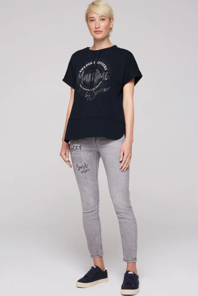 Damen CAMP DAVID & SOCCX Ärmelloses Shirt mit Artwork aus Schmucksteinen blue navy