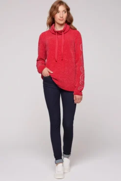 Damen CAMP DAVID & SOCCX Rollkragenpullover in Chenillestrick mit Logo Prints clear red