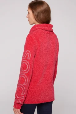 Damen CAMP DAVID & SOCCX Rollkragenpullover in Chenillestrick mit Logo Prints clear red