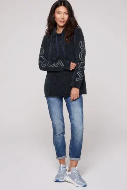 Damen CAMP DAVID & SOCCX Rollkragenpullover in Chenillestrick mit Logo Prints blue navy