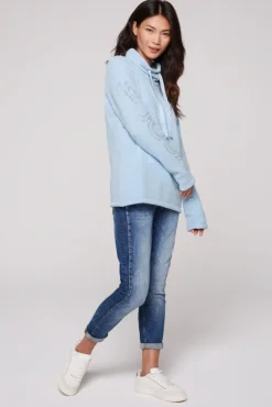 Damen CAMP DAVID & SOCCX Rollkragenpullover in Chenillestrick mit Logo Prints cozy blue
