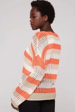 Damen CAMP DAVID & SOCCX Streifenpullover in Ajourstrick neon orange / dark kitt