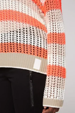 Damen CAMP DAVID & SOCCX Streifenpullover in Ajourstrick neon orange / dark kitt