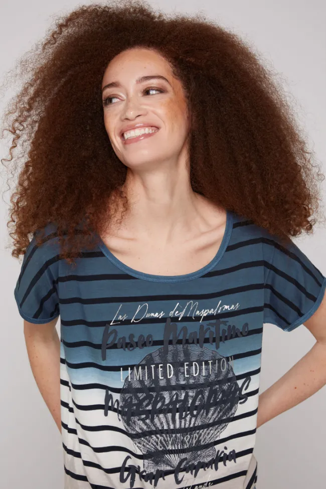 Damen CAMP DAVID & SOCCX Streifenshirt Dip Dye mit Knotensaum blue navy / desert beige