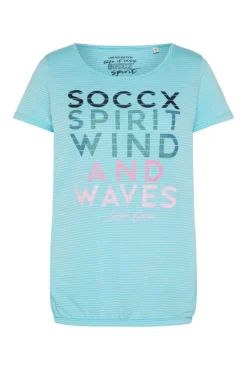 Damen CAMP DAVID & SOCCX T-Shirt mit tonigen Streifen und Glitter Print coast blue