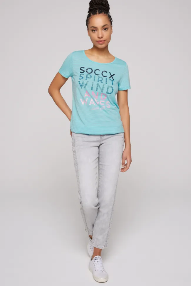 Damen CAMP DAVID & SOCCX T-Shirt mit tonigen Streifen und Glitter Print coast blue
