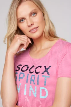 Damen CAMP DAVID & SOCCX T-Shirt mit tonigen Streifen und Glitter Print pink punch