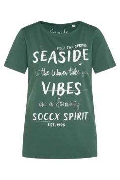 Damen CAMP DAVID & SOCCX T-Shirt mit U-Boot-Ausschnitt und Wording Print dark green