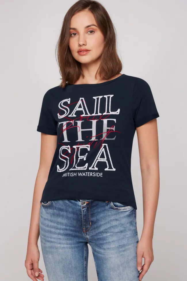 Damen CAMP DAVID & SOCCX T-Shirt mit U-Boot-Ausschnitt und Glossy-Pailletten-Print blue navy
