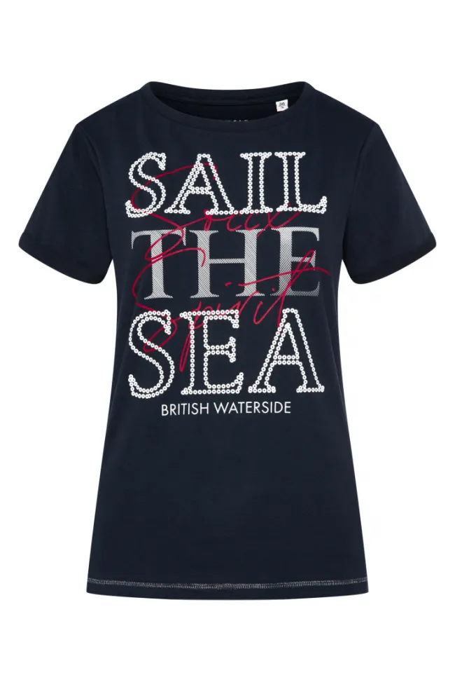 Damen CAMP DAVID & SOCCX T-Shirt mit U-Boot-Ausschnitt und Glossy-Pailletten-Print blue navy