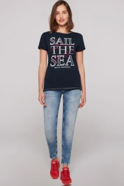 Damen CAMP DAVID & SOCCX T-Shirt mit U-Boot-Ausschnitt und Glossy-Pailletten-Print blue navy
