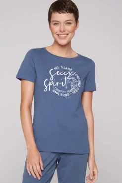 Damen CAMP DAVID & SOCCX T-Shirt mit U-Boot-Ausschnitt und Label Print blue haze