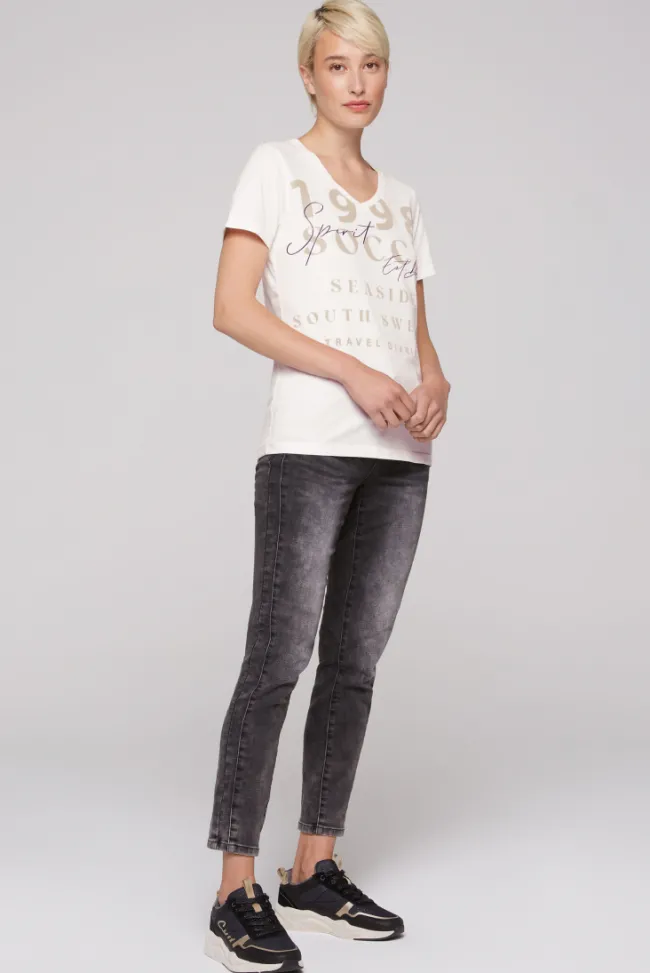 Damen CAMP DAVID & SOCCX T-Shirt mit V-Ausschnitt und Wording Print