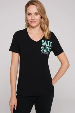 Damen CAMP DAVID & SOCCX T-Shirt mit V-Ausschnitt und Label Print