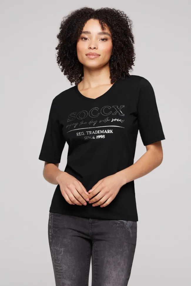 Damen CAMP DAVID & SOCCX T-Shirt mit V-Ausschnitt und Print
