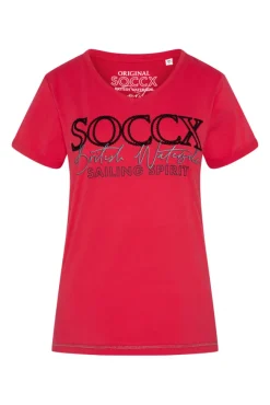 Damen CAMP DAVID & SOCCX T-Shirt mit V-Ausschnitt und Glitter Print clear red