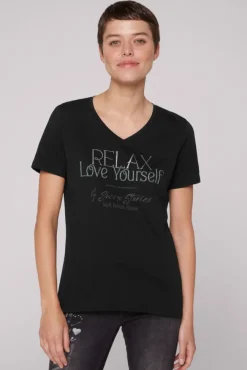 Damen CAMP DAVID & SOCCX T-Shirt mit V-Ausschnitt und Glitter Wording