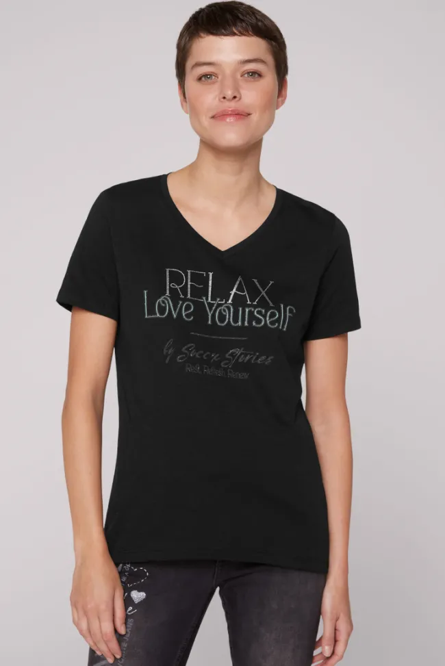 Damen CAMP DAVID & SOCCX T-Shirt mit V-Ausschnitt und Glitter Wording