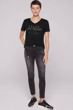 Damen CAMP DAVID & SOCCX T-Shirt mit V-Ausschnitt und Glitter Wording