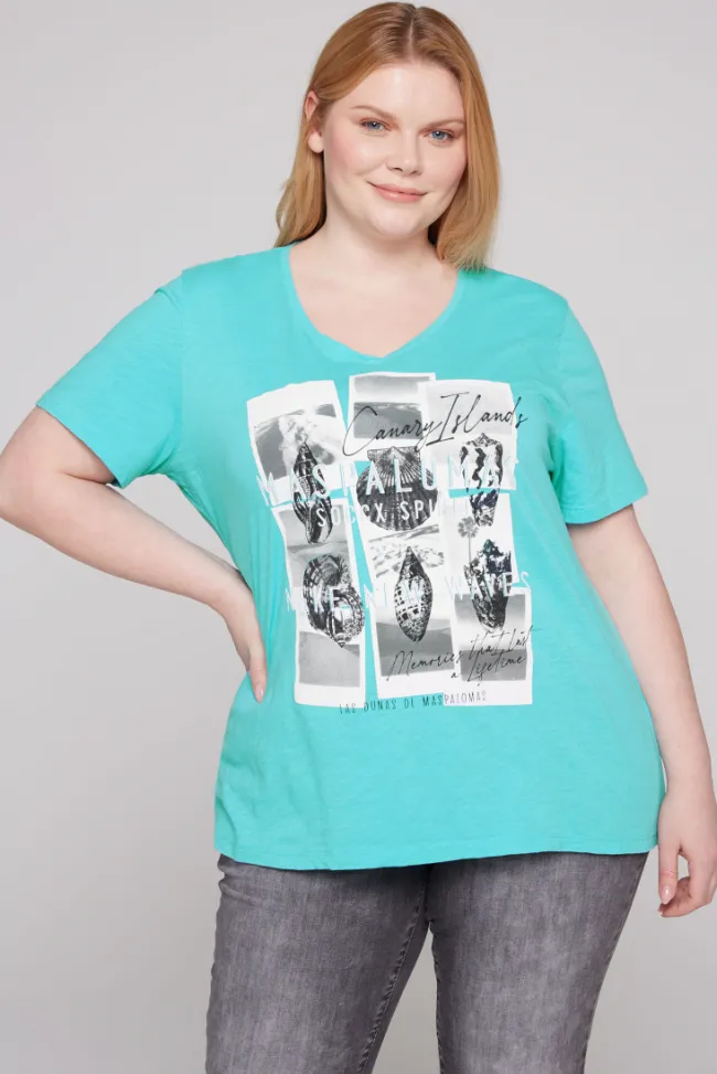 Damen CAMP DAVID & SOCCX T-Shirt mit V-Neck und Print Artwork lagoon blue