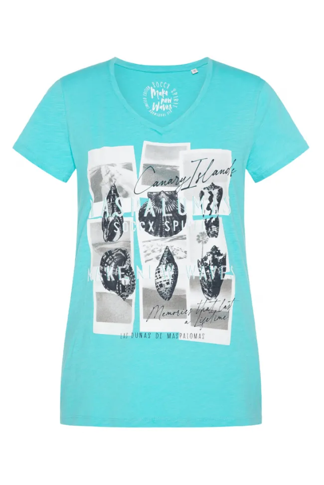 Damen CAMP DAVID & SOCCX T-Shirt mit V-Neck und Print Artwork lagoon blue