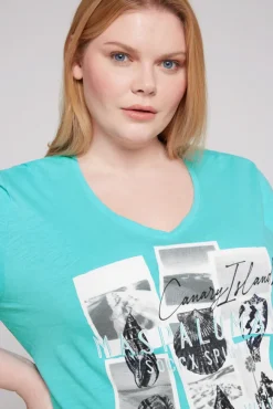 Damen CAMP DAVID & SOCCX T-Shirt mit V-Neck und Print Artwork lagoon blue