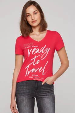 Damen CAMP DAVID & SOCCX T-Shirt mit Wording Print und Schmucksteinen pinky red