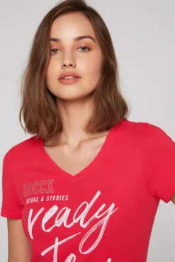 Damen CAMP DAVID & SOCCX T-Shirt mit Wording Print und Schmucksteinen pinky red